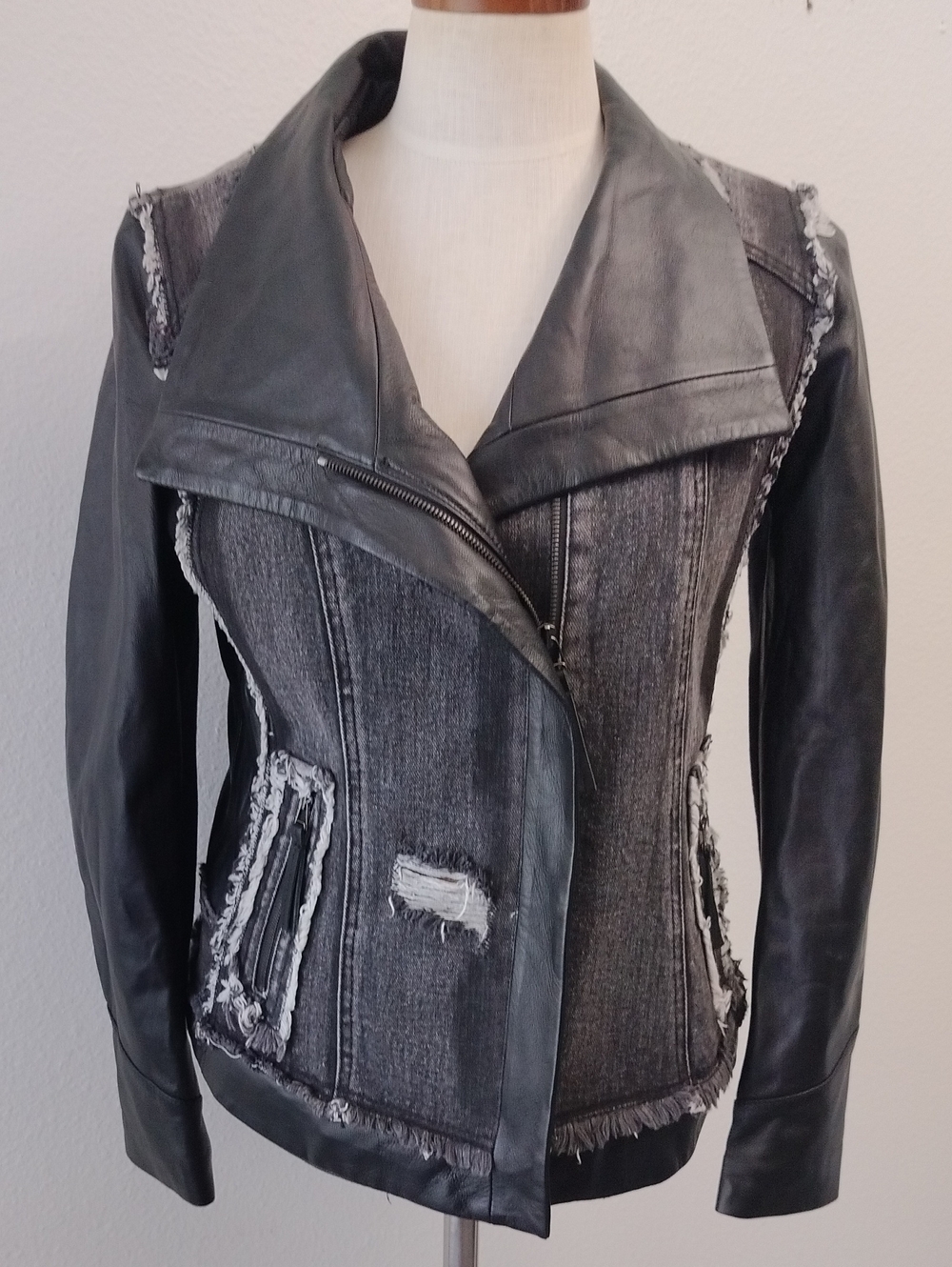 Womens Size 0 (XS) Distressed Black Denim & Leather Biker Jacket